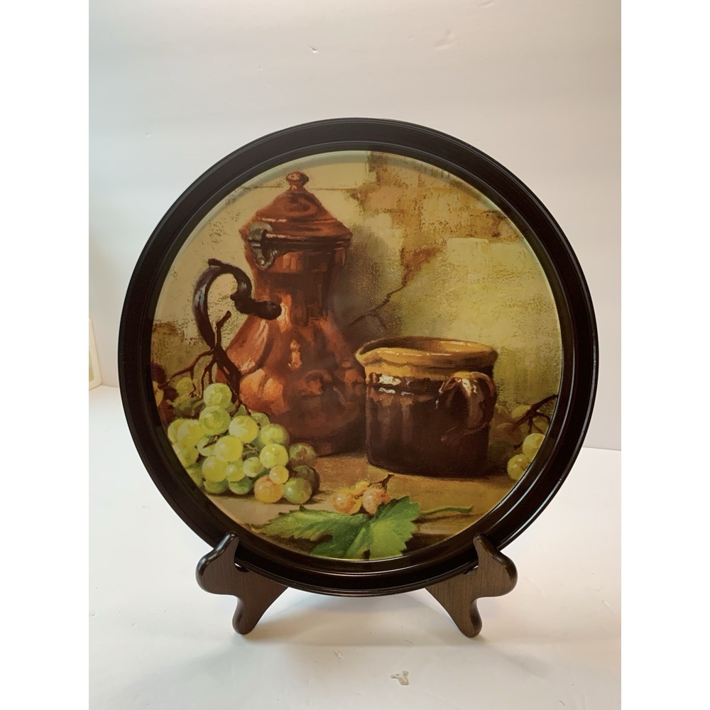 Vintage Round Metal Serving Tray Still Life Copper Pot Grapes 10.75 Inch